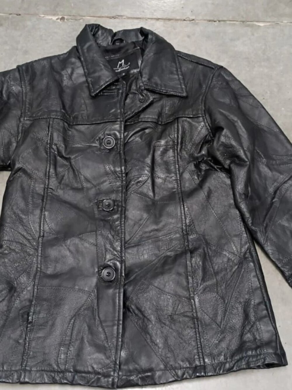 M Collection Womens M Black Genuine Leather Patchwork Button Front Jacket